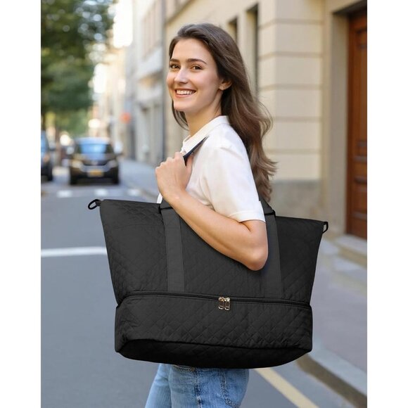 Hotor Women Black Large Overnight with Shoe Compartment  Travel Duffel Bag - Picture 8 of 8